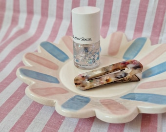 Amaaazing small STRIPEY ceramic serving plate/dish. Handmade, scalloped edged, pink+blue stripes, totally unique table dinner party decor.