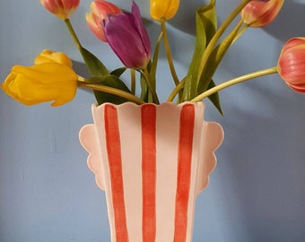 NEW ceramic 'Popcorn' vase! Handmade, scalloped edges, cute handles + red stripes! For fresh and dried flower displays/floral arrangements.