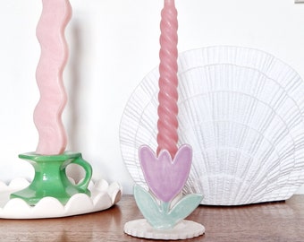 1 x Sweet Spring Tulip Candlestick Holder! Handbuilt ceramic candle holder in lilac and green on scalloped base. Unique decor!