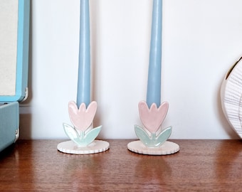 Cutest PAIR of one of a kind handmade PINK + green TULIP ceramic candlestick candle holders with pretty scalloped bases.Or teeny posy vases!