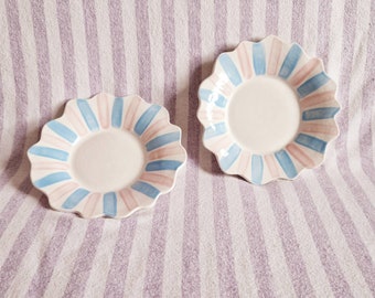 ADORABLE PAIR of totally unique handbuilt stripey ceramic serving dishes/plates!Wavy scalloped edged.Pink + Blue.Dinner parties/food styling