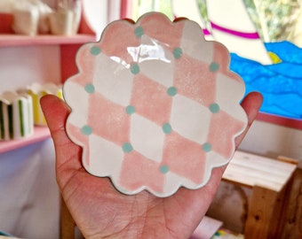 Cute small decorative scalloped edge ceramic handmade plate with handpainted harlequin pattern! PINK + GREEN. Serving/trinket/jewellery dish