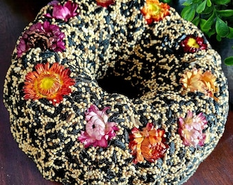 Handmade Birdseed Bundt Cake Wreath with Dried Daisy Flowers