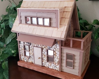 Vintage Handcrafted Architectural Model Home with Upstairs Deck, Tahoe Cabin Miniature Home, Hand Painted, Rustic Cabin, Sculpture