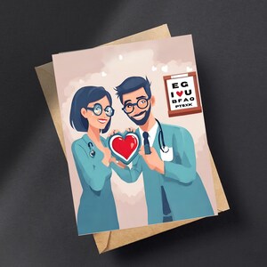 May include: A cartoon illustration of a couple in medical scrubs holding a red heart. The man is wearing a stethoscope and the woman is wearing a stethoscope and a name tag. The text on the eye chart behind them reads "EG I ♥ U BFAO PTSXK".