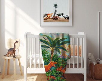 Dinosaur minky Blanket, Colorful Dino Throw, Prehistoric Jungle Bedroom Decor, Kids Room Bedding, dinosaur nursery, boy bedroom