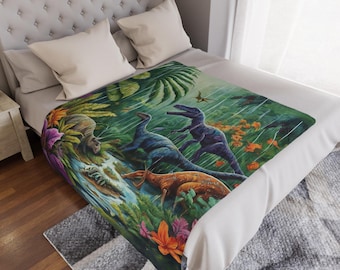 Dinosaur minky Blanket, colorful Dino Throw, Prehistoric jungle Bedroom Decor, Kids Room Bedding, dinosaur nursery, boy bedroom