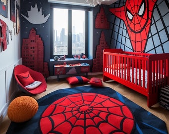 spiderman Rug, spider-man decor, spider web rug, kids bedroom decor, kids playroom, superhero rug, kids rug