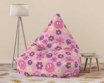 Retro bean Bag Chair Cover, floral bean bag chair cover, retro decor, smiley bean bag chair, vintage bean bag chair, pink decor