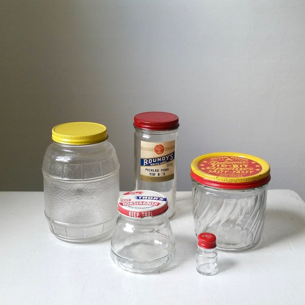 Five Antique Jars . Vintage Glass Food Jars . Retro Kitchen . Farmhouse Cottage . Storage Organization . Home Decor . Display