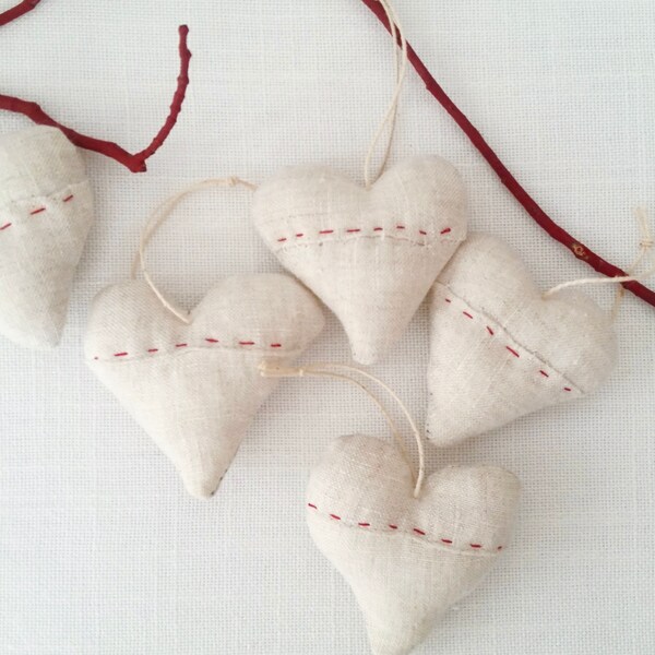 Five Linen Hearts . Handmade Heart Ornaments . Christmas . Love . Up-cycled Vintage Linen . Farmhouse Home Decor . Rustic Cottage Cabin .