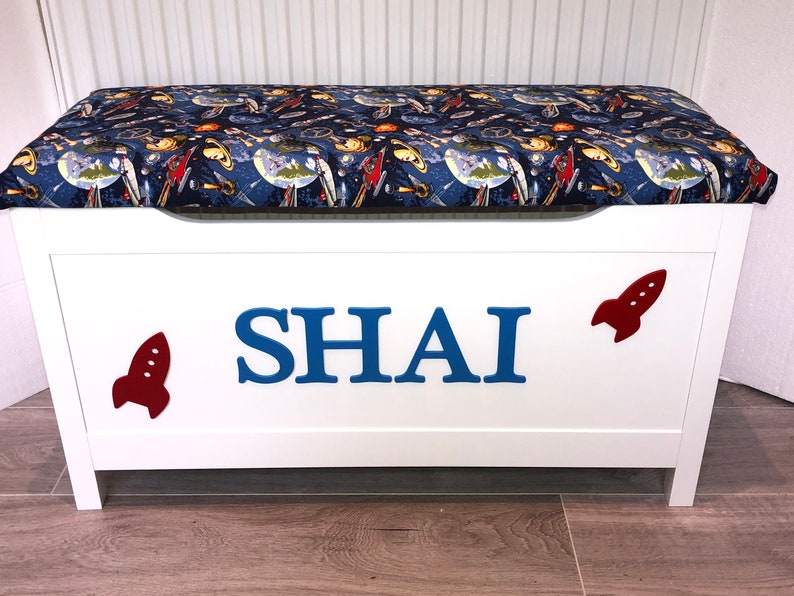 personalised toy box with cushion
