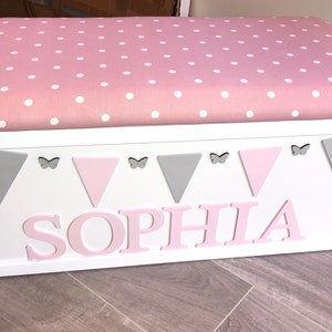 Personalised toy box, cushion top, named box, wooden toy box, removable lid