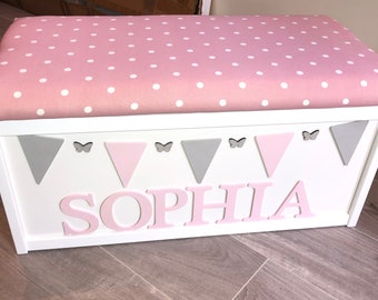 Personalised toy box, cushion top, named box, wooden toy box, removable lid