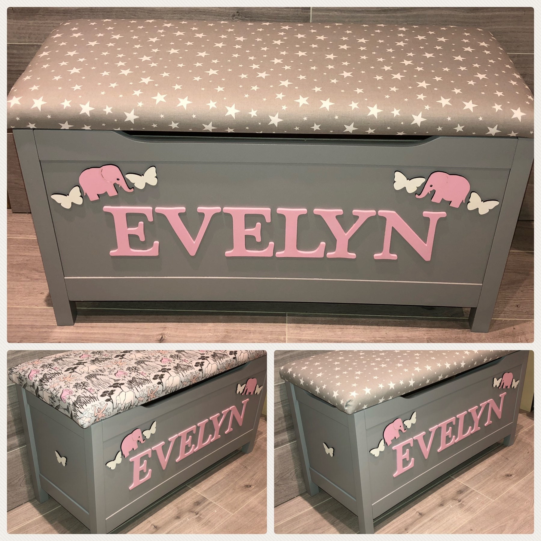 Grey personalised toy box cushion seat soft close hinge Etsy