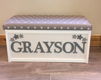 Personalised toy box, cushion seat, wooden toy box, removable lid, 1st birthday gift