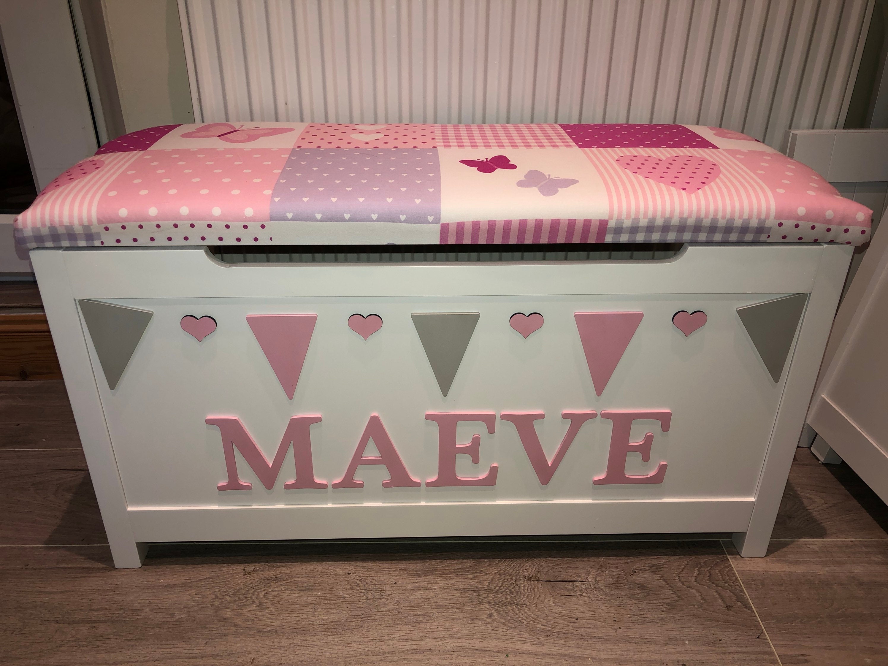 Girl toy box personalised toy box cushion top hearts and Etsy