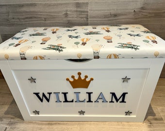 Personalised Toy Box, soft close hinge, cushion seat, large toy box