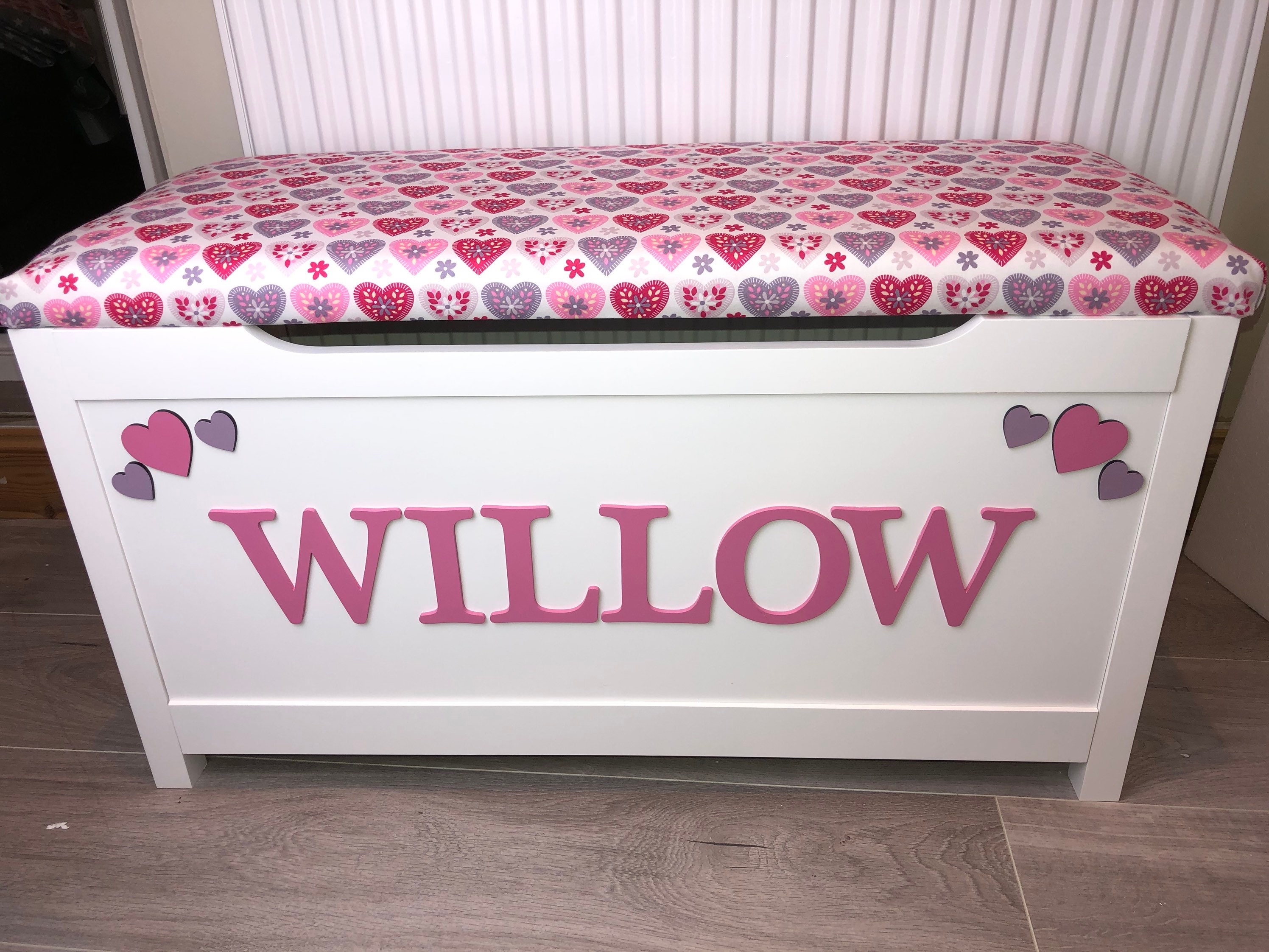 Personalised Toy Box Cushion Seat Wooden Storage Chest Name Etsy UK