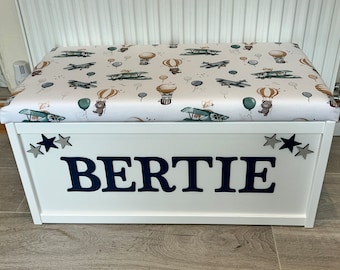 Personalised toy box, cushion top, named box, wooden toy box,Lift off top