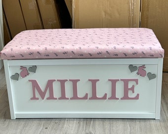 Personalised White Wooden edge Toy Box with Cushion Seat