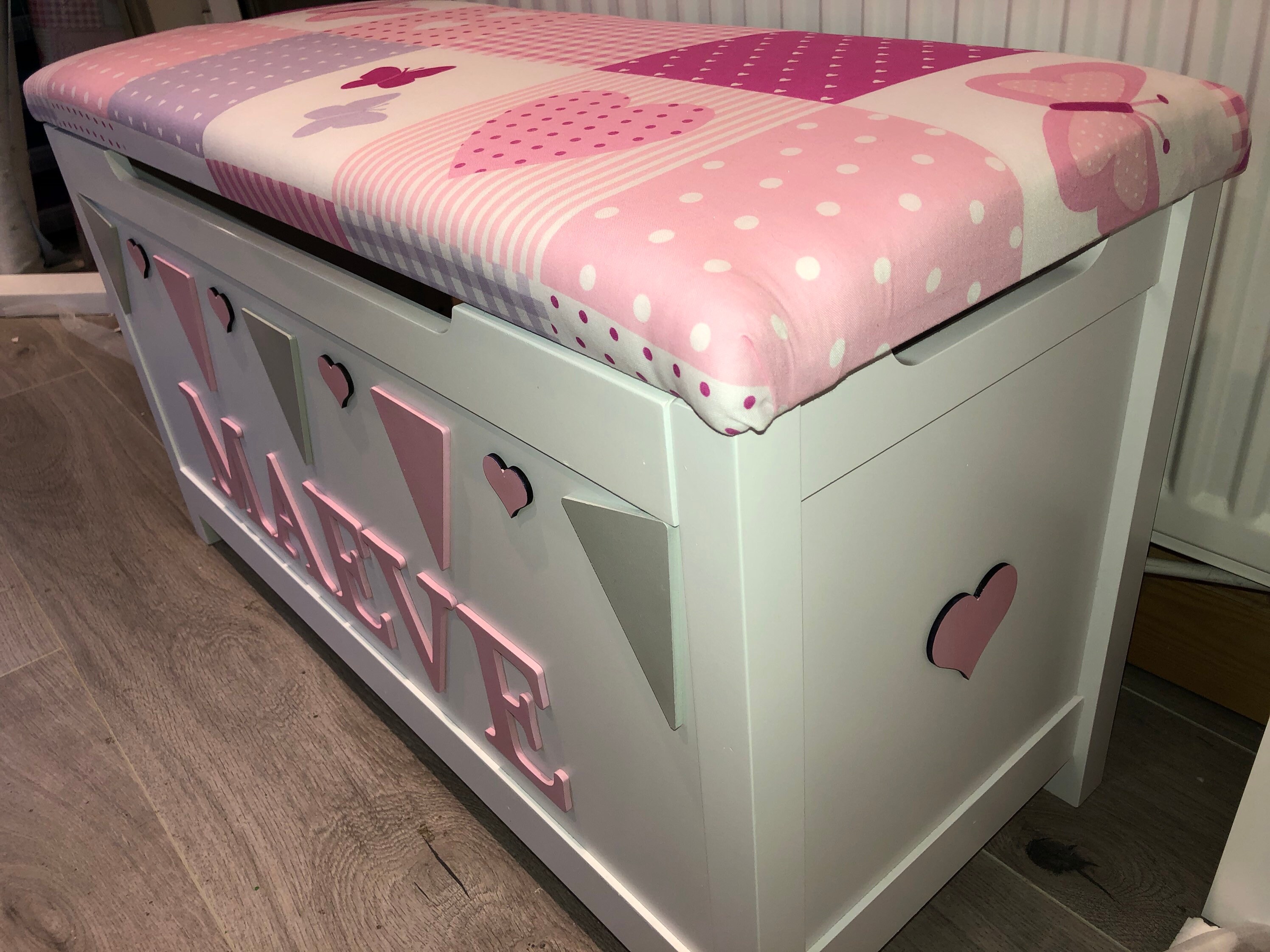 Girl toy box personalised toy box cushion top hearts and Etsy