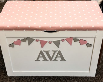 Personalised Toy Box, soft close hinge, cushion seat, 1st birthday, christening gift