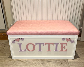 Personalised toy box, cushion top, named box, wooden toy boxLift off top