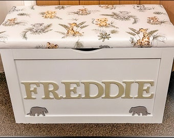 Personalised toy box. White wooden nursery toy chest. Nursery storage. Personalized Safari theme toy box. Girls nursery gifts