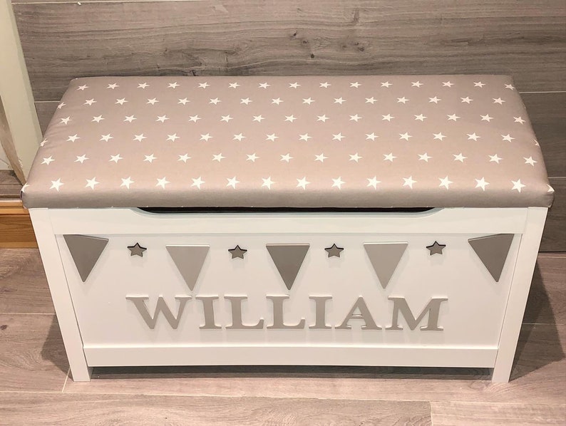 Personalised Toy Box Cushion Seat Wooden Storage Chest Name Etsy UK