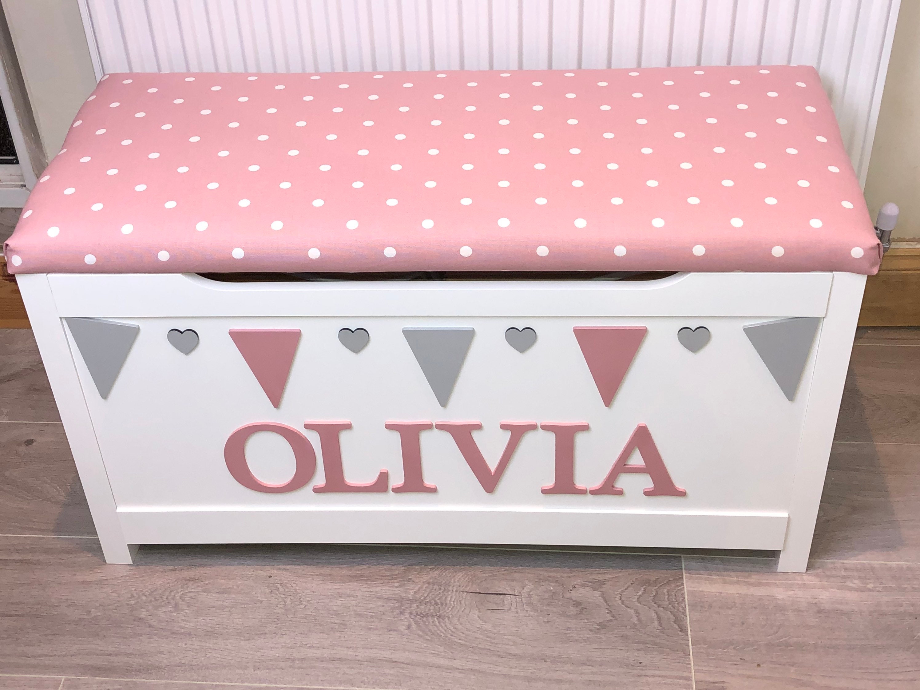 Personalised Toy Box Cushion Seat Wooden Storage Chest Name Etsy UK