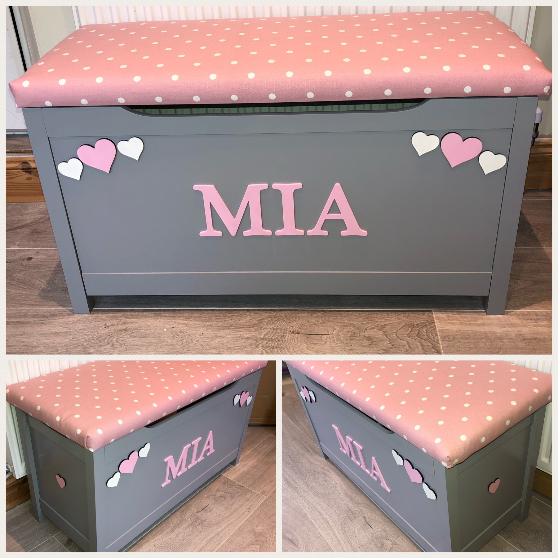 Grey personalised toy box cushion seat soft close hinge Etsy