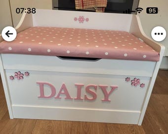 Personalised Toy Box with Pink Cushion Seat, Hand-Painted Name, Flower Details