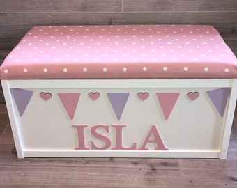 Personalised toy box, pink cushion top, named box, pink toy box,Lift off top