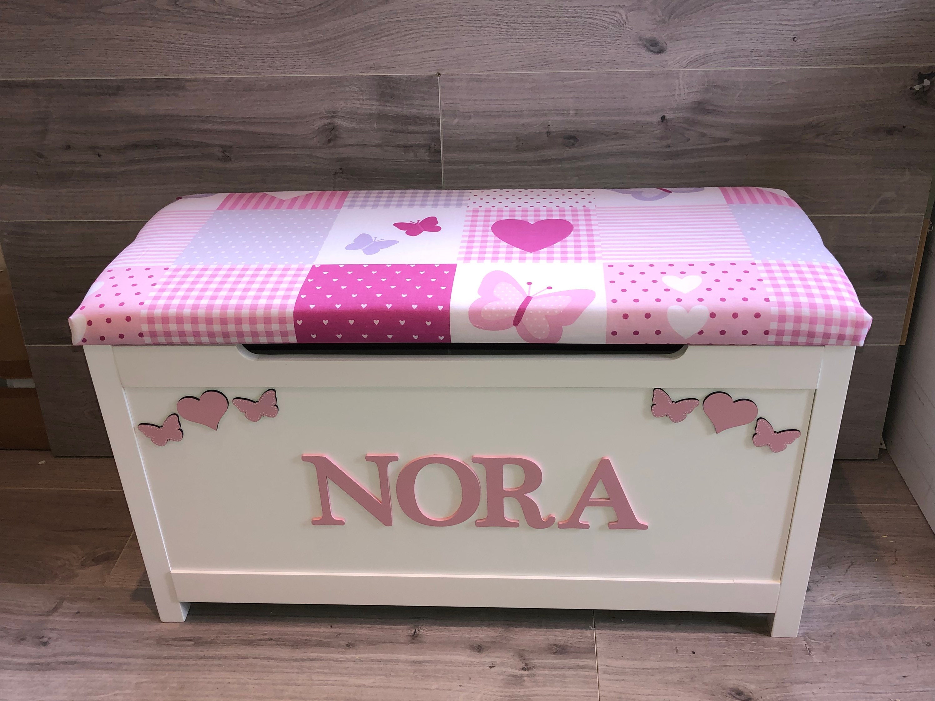 Personalised Toy Box Cushion Seat Wooden Storage Chest Name Etsy UK