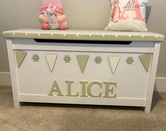 Personalised Toy Box, soft close hinge, cushion seat, 1st birthday gift,  christening gift