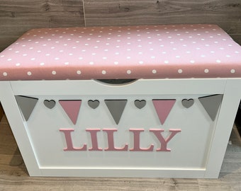 Personalised Toy Box, soft close hinge, cushion seat, 1st birthday, christening gift