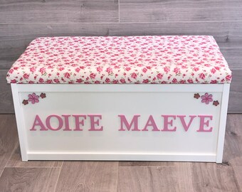 Personalised toy box, cushion top, named box, wooden toy box, removable lid