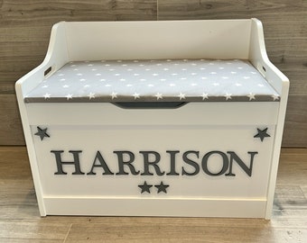 Wooden toy box,  grey star cushion,  cushion toy box, soft close hinge, personalised name sign, wooden toy, kids birthday gift