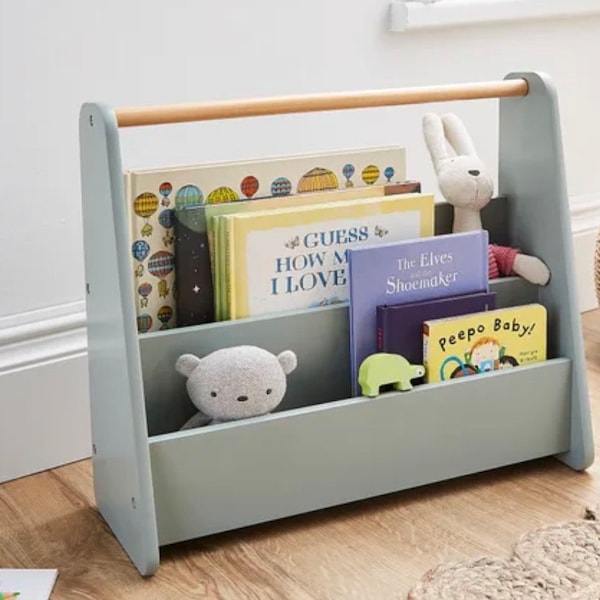 Personalised book stand, sage safari book storage, kids book storage, small book bin