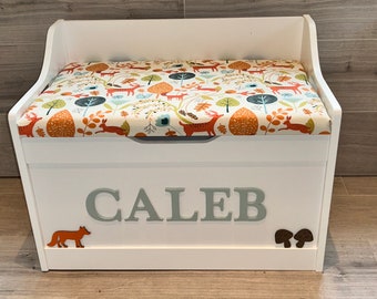 Personalised Toy Box with Cushion Seat: Hand-Painted Woodland Theme
