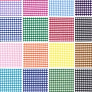 Op de afbeelding: Een raster van zestien vierkante stofstalen met een klassiek gingham-ruitpatroon. De kleuren zijn onder andere lichtpaars, roze, lichtblauw, donkerpaars, koningsblauw, groen, rood, antraciet, lichtroze, oranje, geel, bruin, turkoois, marineblauw, limoengroen en zwart.