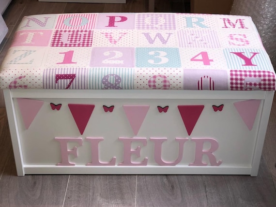 Personalised ABC Cushion Top Toy Box, Kids Storage Bench, Baby