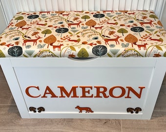 Personalised toy box, safari woodland theme, XL toy chest, flat pack wooden toy box with hinges, woodland decor