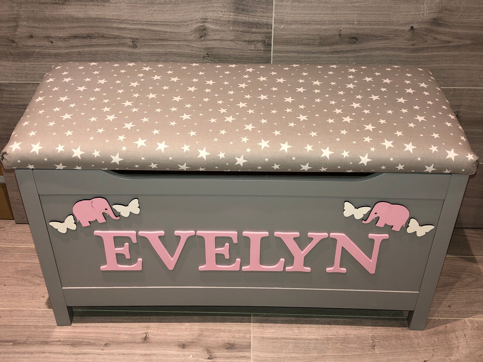 Grey personalised toy box cushion seat soft close hinge | Etsy