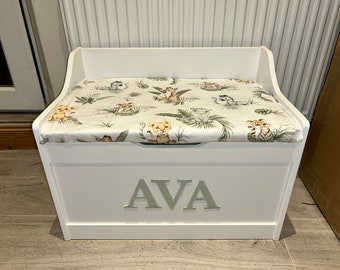 Wooden personalised toy box with safari cushion seat, soft close hinge, personalised toy box name,