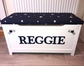 Personalised Toy Box, navy and grey decor, boys toy storage box. Blue toy box.
