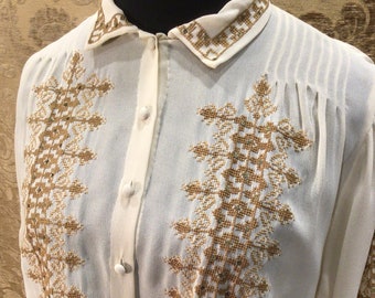Vintage 1940s silk crepe Peasant Blouse with embroidery and sequins