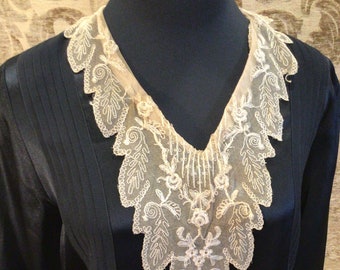 1920s Black Silk Lace Pleated Drop Waist Dress