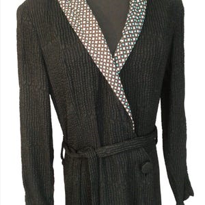Authentic Vintage 1940s Black Ribbed Rayon Ladies Dressing Robe